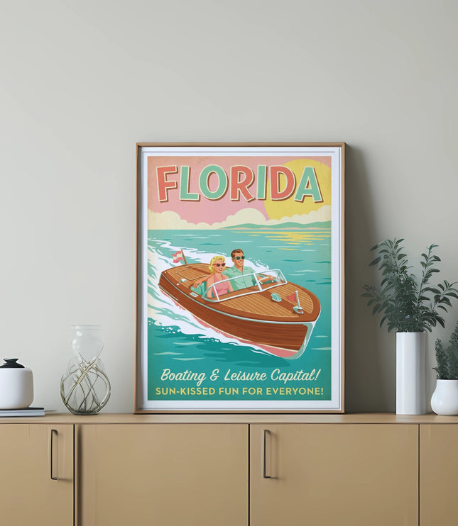 Retro Florida travel poster with a boat sailing on water.