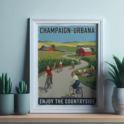 Vintage poster of people cycling in a rural landscape.