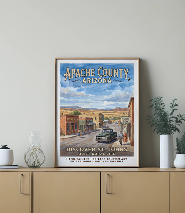 Apache County, Arizona retro tourism print depicting St. Johns street scene.