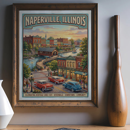 Naperville, Illinois vintage travel poster of downtown riverwalk at sunset.