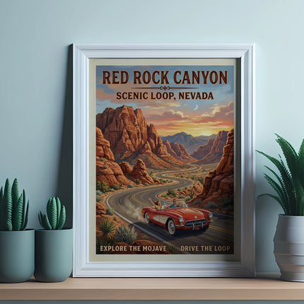 Red Rock Canyon Scenic Loop Nevada vintage travel poster with convertible car.
