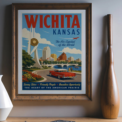 Wichita, Kansas travel poster with vintage car and cityscape, "The Air Capital of the World".