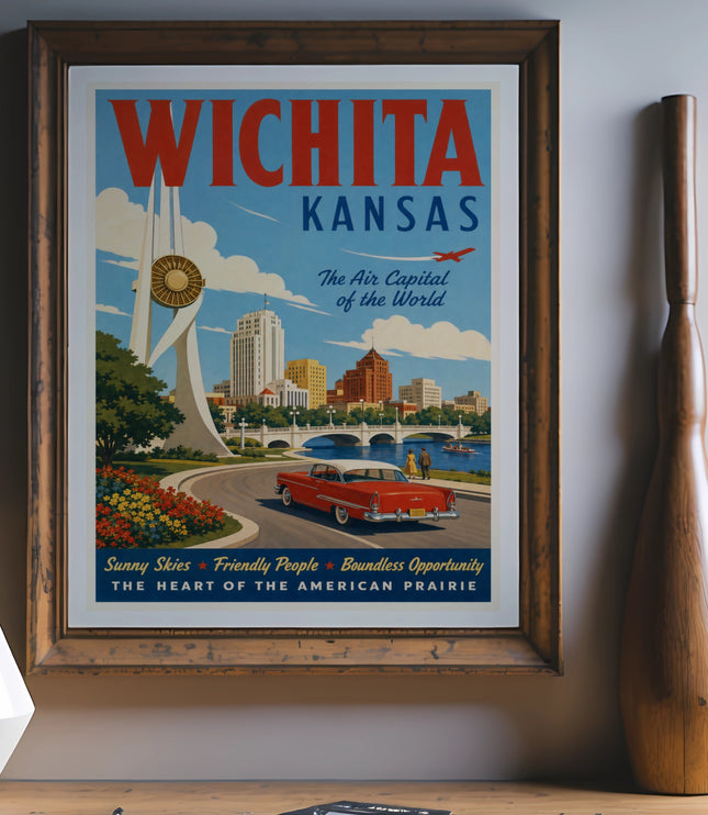 Wichita, Kansas travel poster with vintage car and cityscape, "The Air Capital of the World".