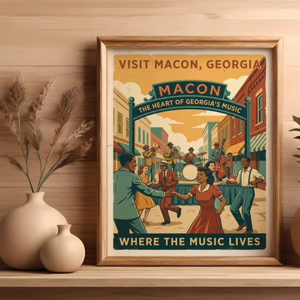 Poster for Macon, Georgia with people dancing to music in a street scene.