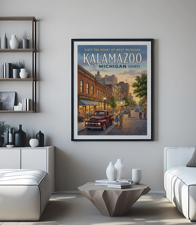 Kalamazoo Michigan vintage travel poster in a living room setting.
