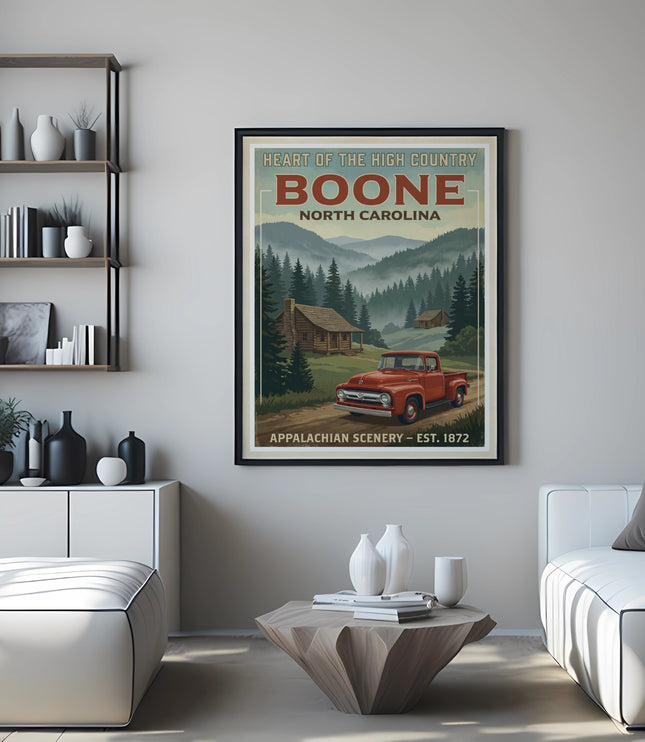 Retro poster of Boone, North Carolina Appalachian scenery with a red truck.