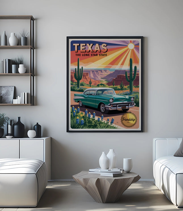 Poster with a vintage car driving through Texas, featuring desert landscapes and the words "Texas The Lone Star State".