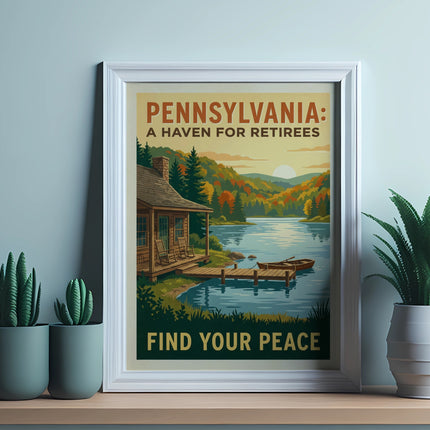 Framed Pennsylvania retirement poster with cabin, lake, and text.