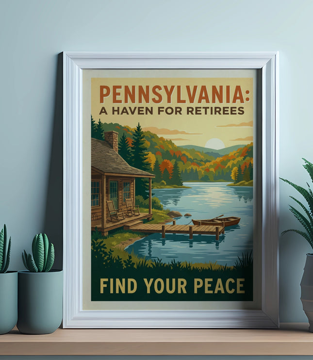 Framed Pennsylvania retirement poster with cabin, lake, and text.
