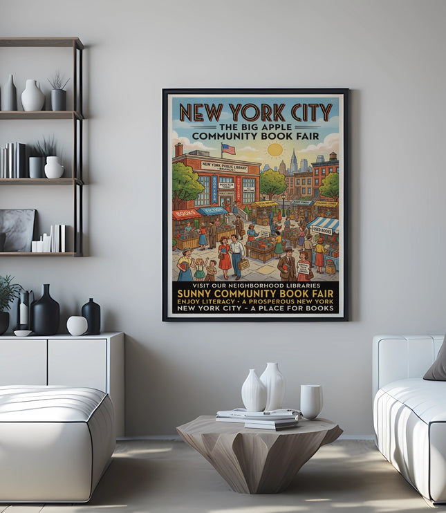 New York City The Big Apple Community Book Fair poster in a living room.