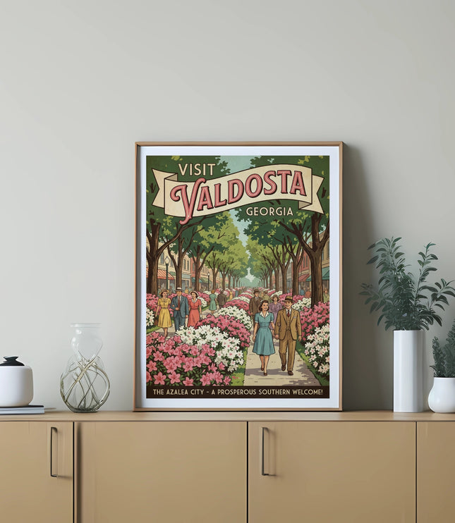 Vintage travel poster of Valdosta, Georgia, with people walking along blooming azaleas.
