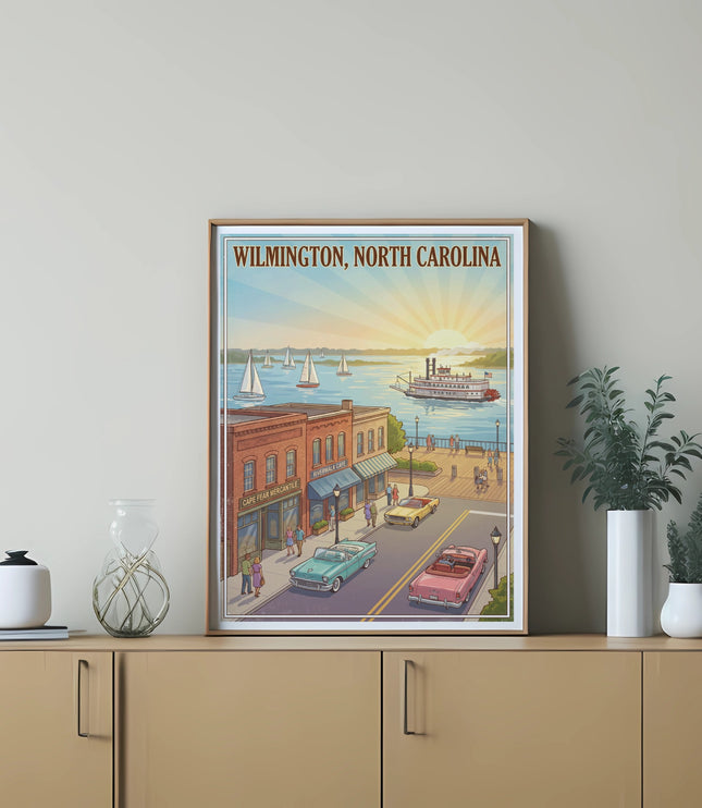 Wilmington, North Carolina vintage poster depicting riverfront with businesses, cars, and sailboats.