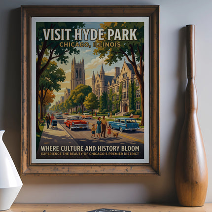 Vintage poster of Hyde Park, Chicago, showing buildings and people on a street.