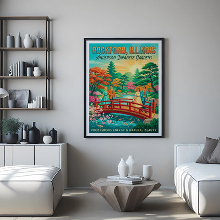 Framed print of Anderson Japanese Gardens in Rockford, Illinois with a red bridge.