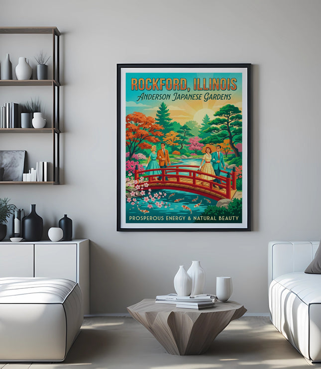 Framed print of Anderson Japanese Gardens in Rockford, Illinois with a red bridge.