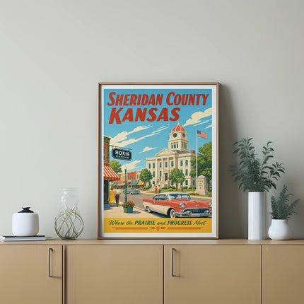 Sheridan County Kansas vintage poster with classic car and Hoxie Drugs Cafe sign.