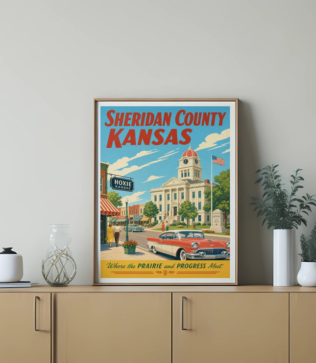 Sheridan County Kansas vintage poster with classic car and Hoxie Drugs Cafe sign.