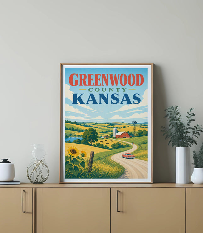 Greenwood County, Kansas landscape with red car on road and sunflowers.