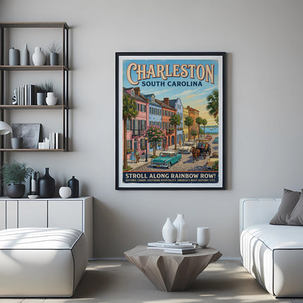 Charleston, South Carolina vintage travel poster featuring Rainbow Row with text.