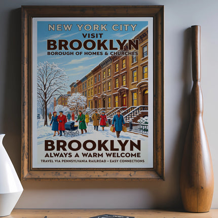 Vintage travel poster for Brooklyn, New York, featuring row houses and text.