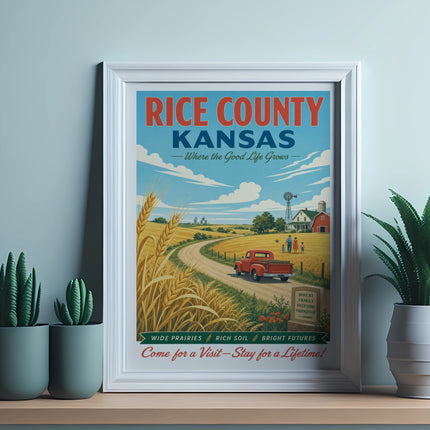 Rice County, Kansas travel poster with farm scene and text "Where the Good Life Grows".