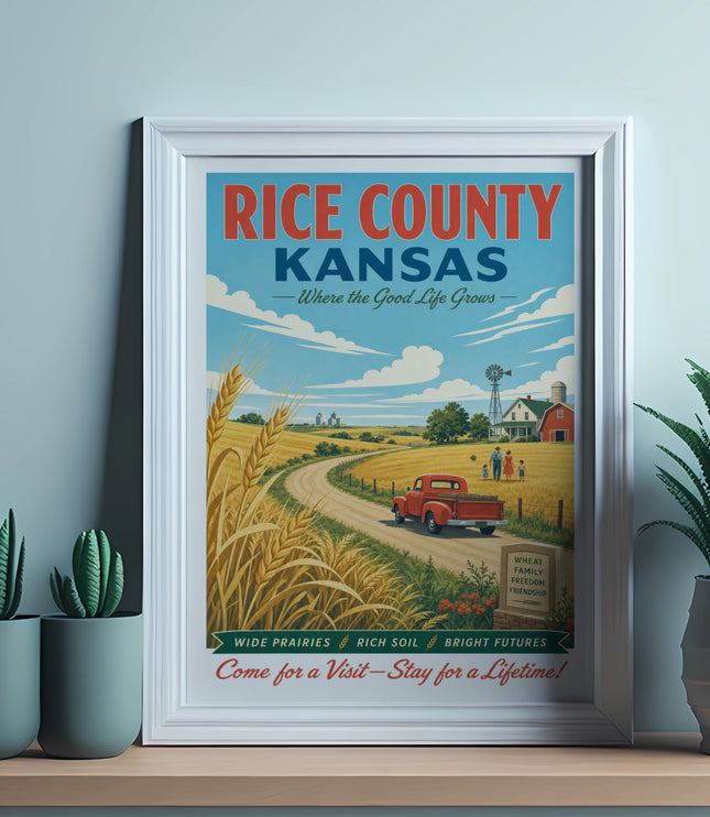 Rice County, Kansas travel poster with farm scene and text "Where the Good Life Grows".