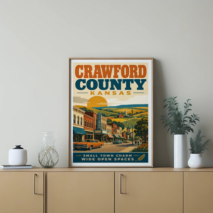 Crawford County, Kansas vintage travel poster with sunset and small town street scene.