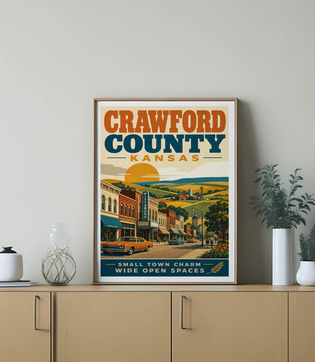 Crawford County, Kansas vintage travel poster with sunset and small town street scene.