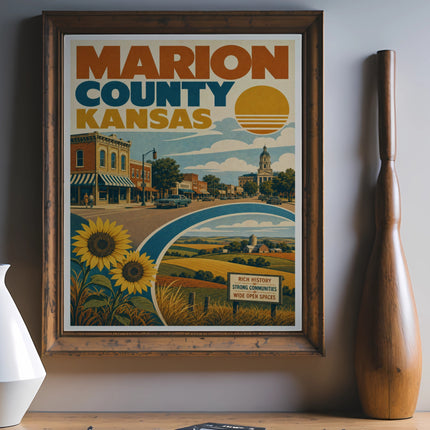 Vintage poster for Marion County, Kansas, featuring sunflowers and rolling hills.