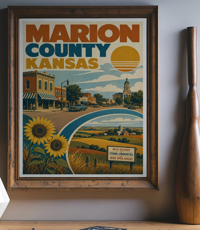 Vintage poster for Marion County, Kansas, featuring sunflowers and rolling hills.