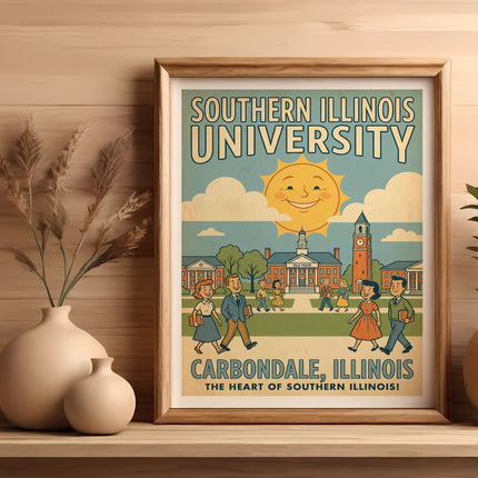 Southern Illinois University Carbondale poster with smiling sun and buildings.