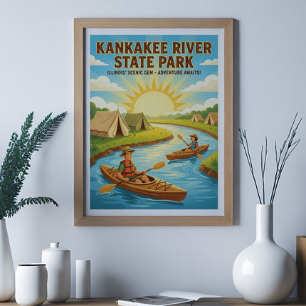 Kankakee River State Park Illinois scenic gem adventure poster with kayakers.