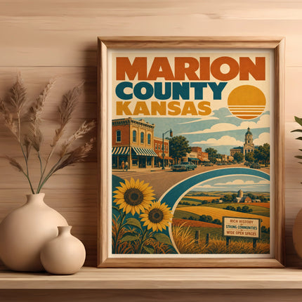 Framed vintage poster of Marion County, Kansas, featuring sunflowers and rolling hills.