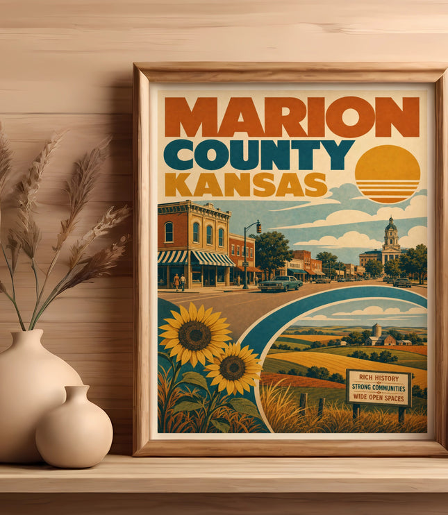 Framed vintage poster of Marion County, Kansas, featuring sunflowers and rolling hills.