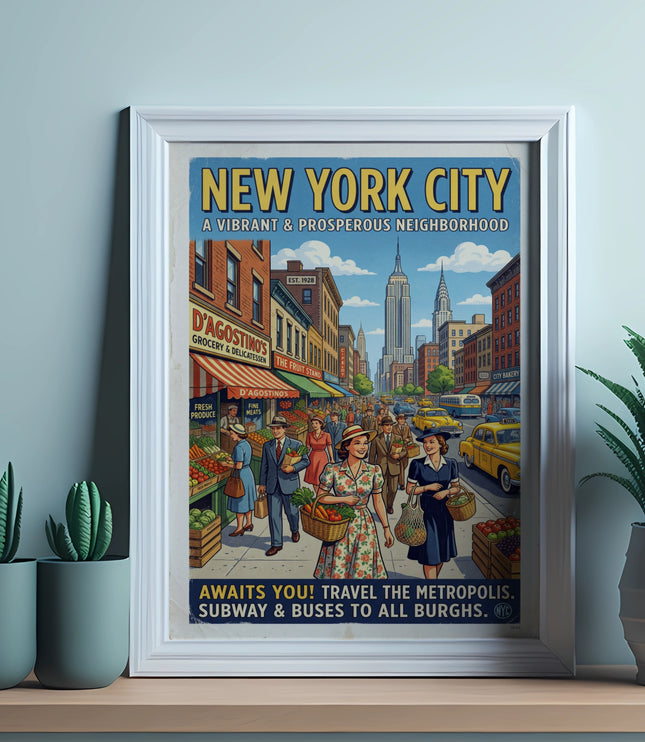New York City vintage travel poster featuring street scene and skyscrapers on blue background.