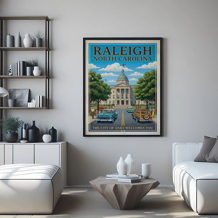Raleigh North Carolina travel poster showing capitol building and vintage cars.