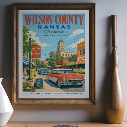 Wilson County Kansas Fredonia vintage poster with cars and historic buildings.