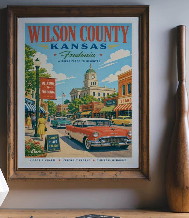 Wilson County Kansas Fredonia vintage poster with cars and historic buildings.