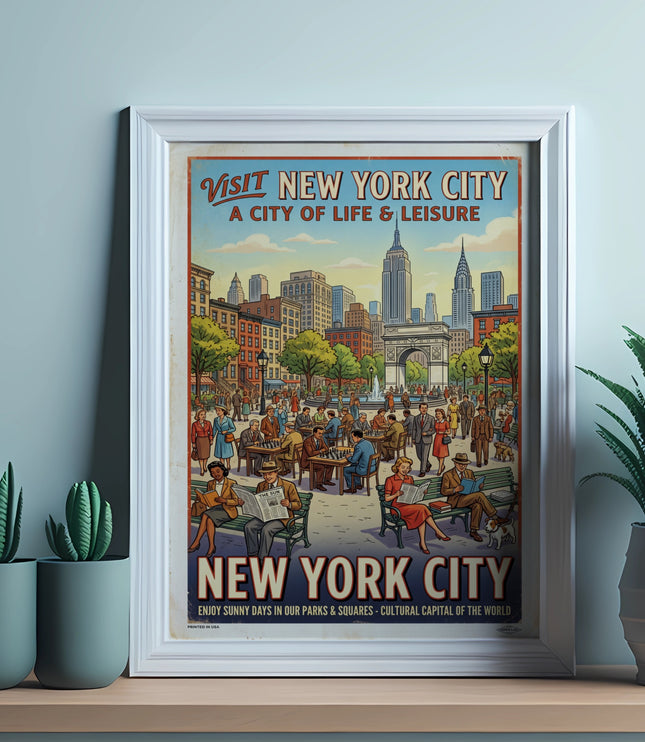 Vintage "Visit New York City" poster displaying landmarks and people enjoying leisure activities.