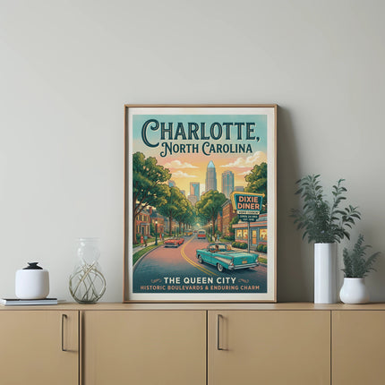 Vintage art print of Charlotte, North Carolina featuring historic street scene and downtown skyline.