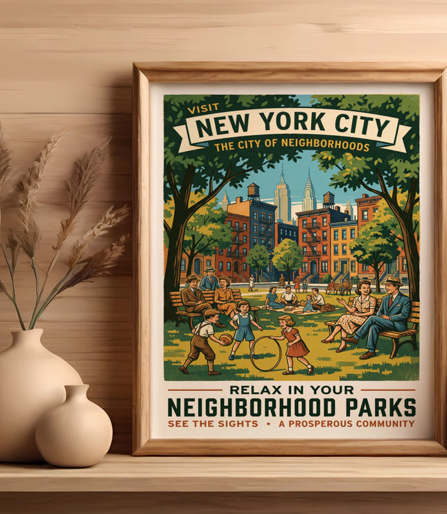 New York City poster featuring city skyline and people relaxing in a park.