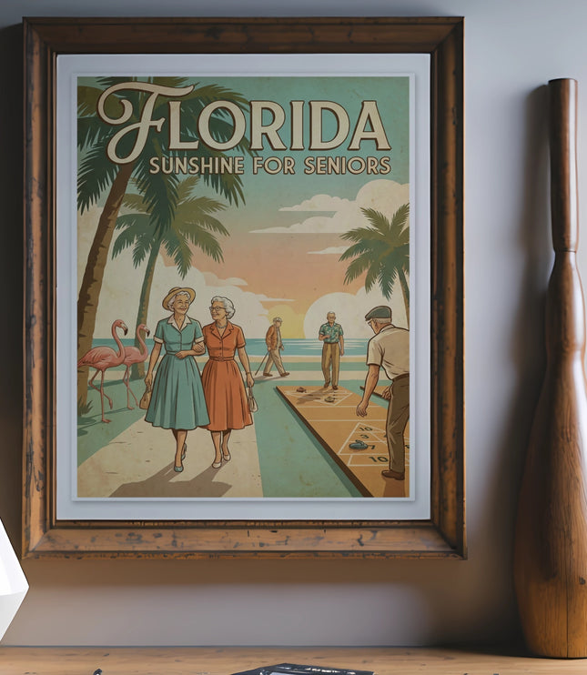 Vintage Florida poster showing seniors playing shuffleboard with palm trees and flamingos.