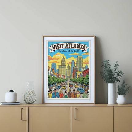 Framed illustration of downtown Atlanta with the text "Visit Atlanta The Heart of the South".