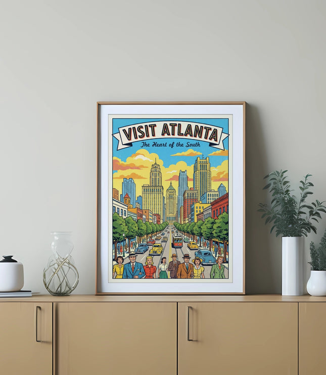 Framed illustration of downtown Atlanta with the text "Visit Atlanta The Heart of the South".