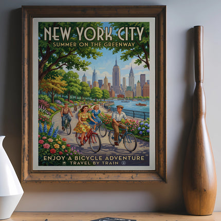 New York City Greenway poster featuring cyclists, skyscrapers, and "Enjoy a Bicycle Adventure."