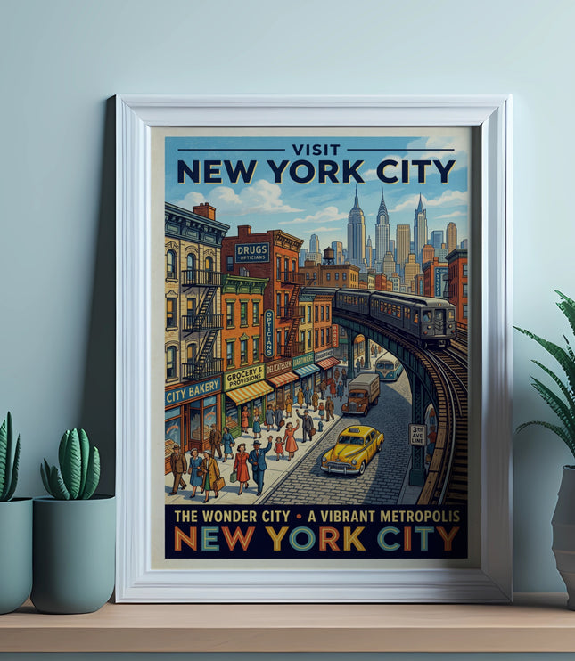 Vintage New York City poster features skyline, elevated train, and busy street.