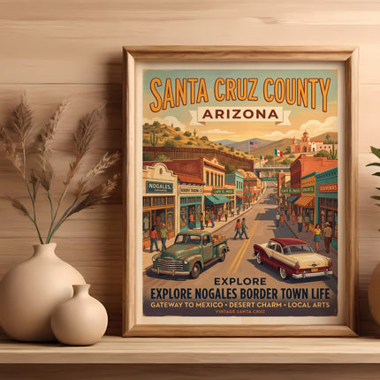 Vintage travel poster of Santa Cruz County, Arizona, depicting a border town street scene.