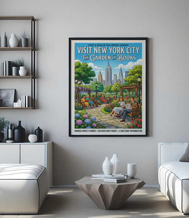 Visit New York City "The Garden of Books" poster with city skyline and park.