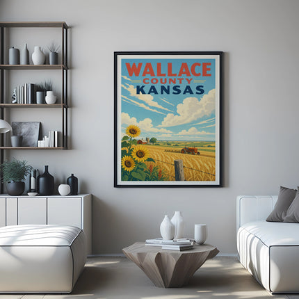 Wallace County Kansas travel poster with sunflowers and tractor in field.