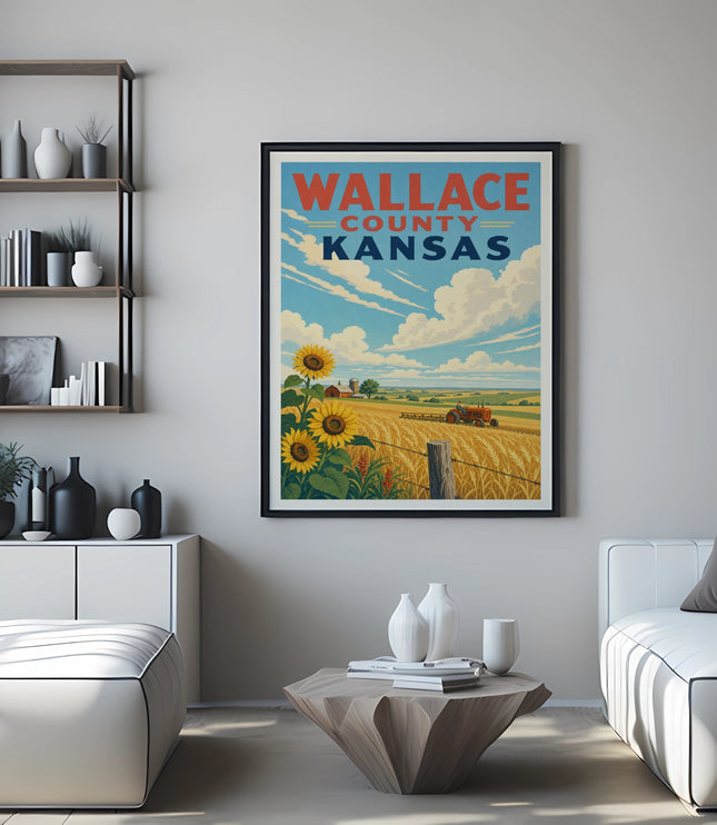 Wallace County Kansas travel poster with sunflowers and tractor in field.